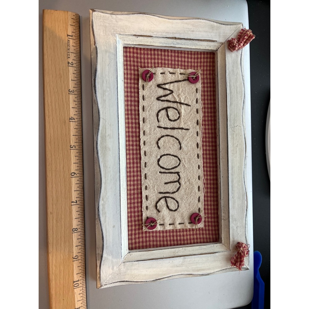Rustic Farmhouse Welcome Sign Distressed White Scalloped Wood Frame Gingham Art